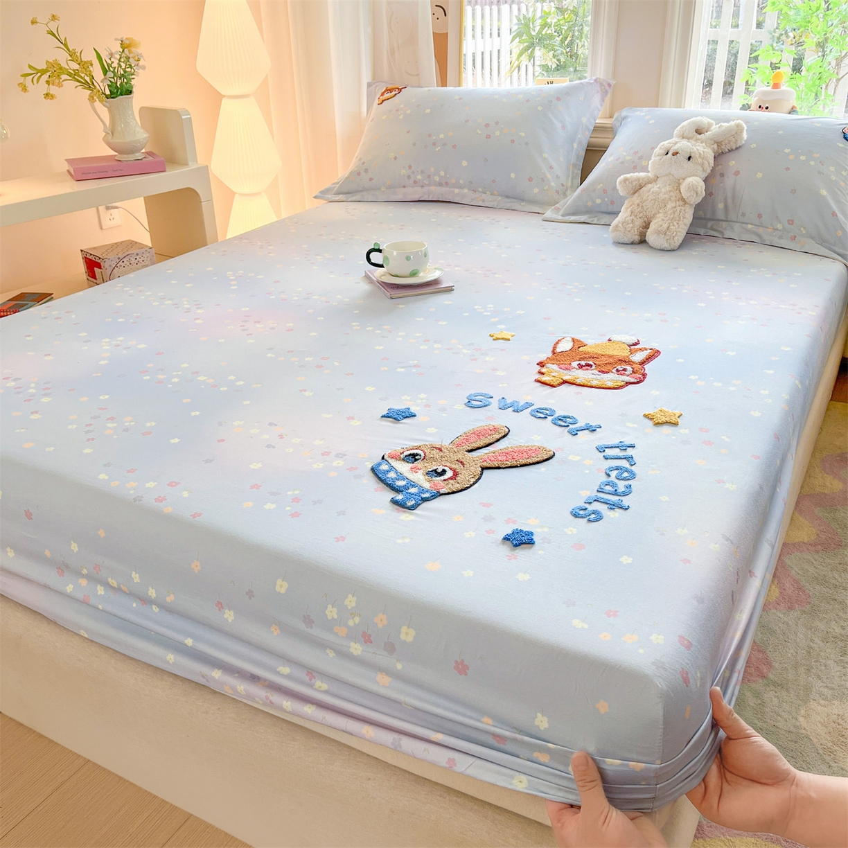 91家纺网 家纺一手货源 找家纺 笙意家纺 2026新款50S全棉纯棉毛巾绣单品床笠床笠单件 星甜狐兔