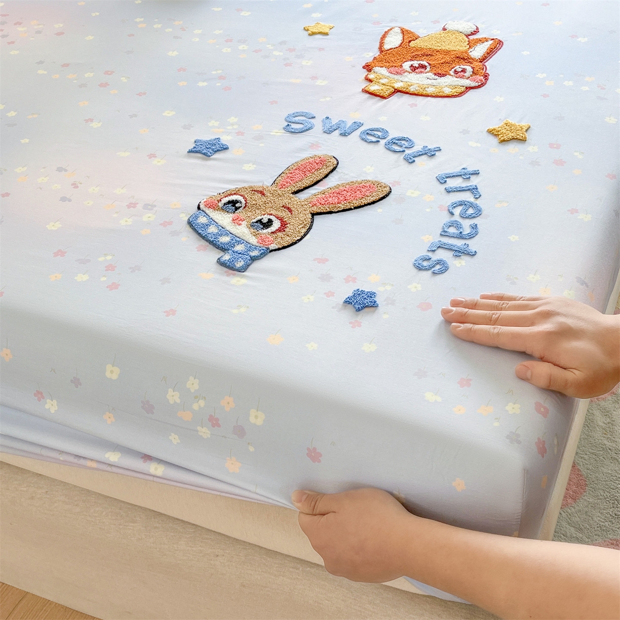 91家纺网 家纺一手货源 找家纺 笙意家纺 2026新款50S全棉纯棉毛巾绣单品床笠床笠单件 星甜狐兔