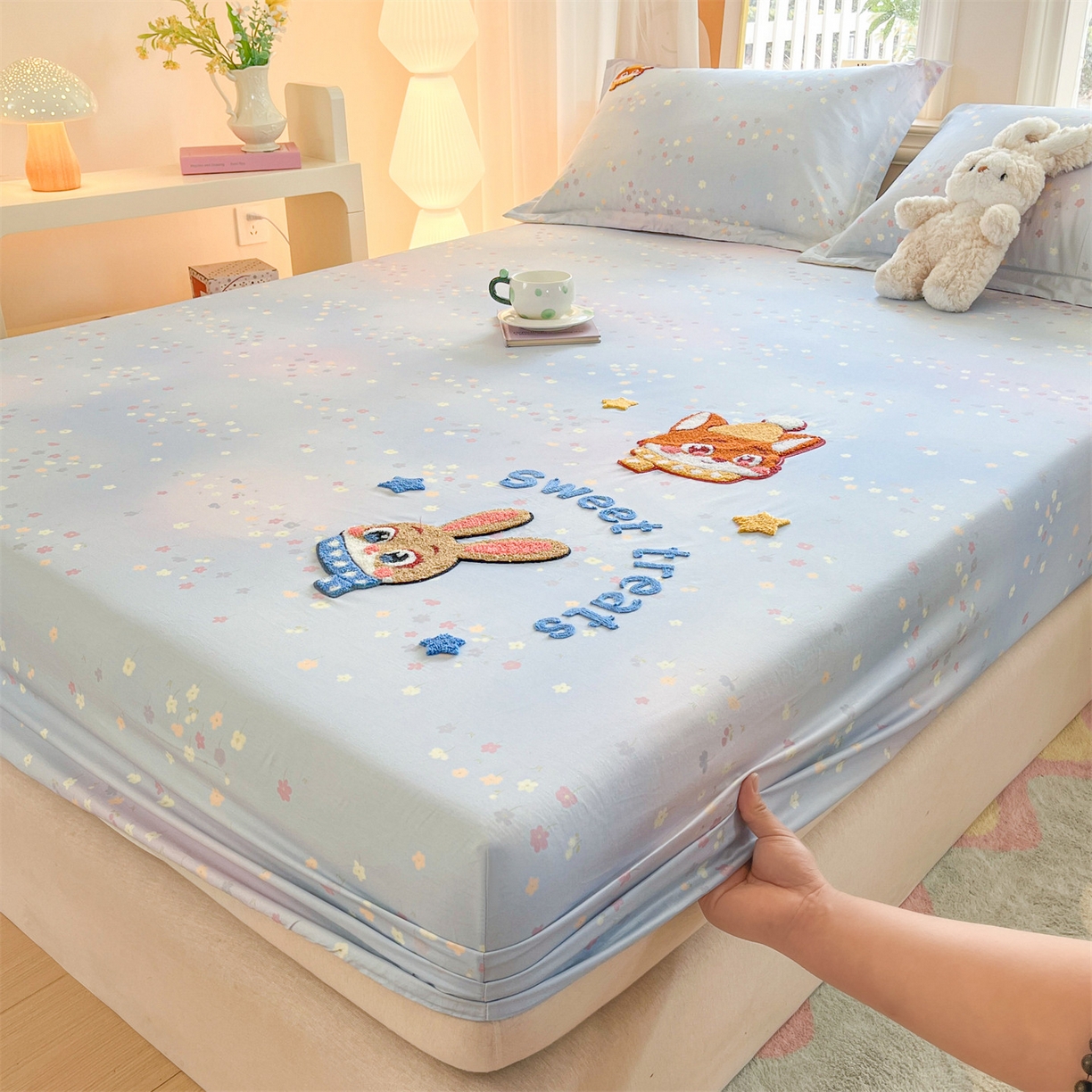 91家纺网 家纺一手货源 找家纺 笙意家纺 2026新款50S全棉纯棉毛巾绣单品床笠床笠单件 星甜狐兔