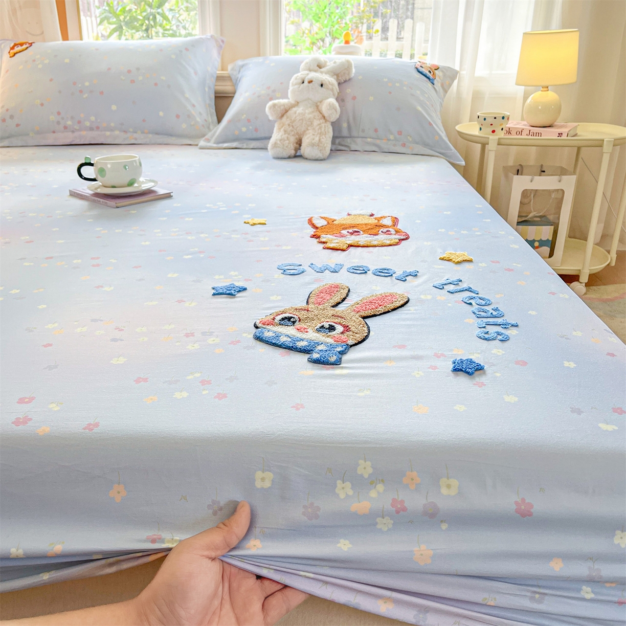 91家纺网 家纺一手货源 找家纺 笙意家纺 2026新款50S全棉纯棉毛巾绣单品床笠床笠单件 星甜狐兔