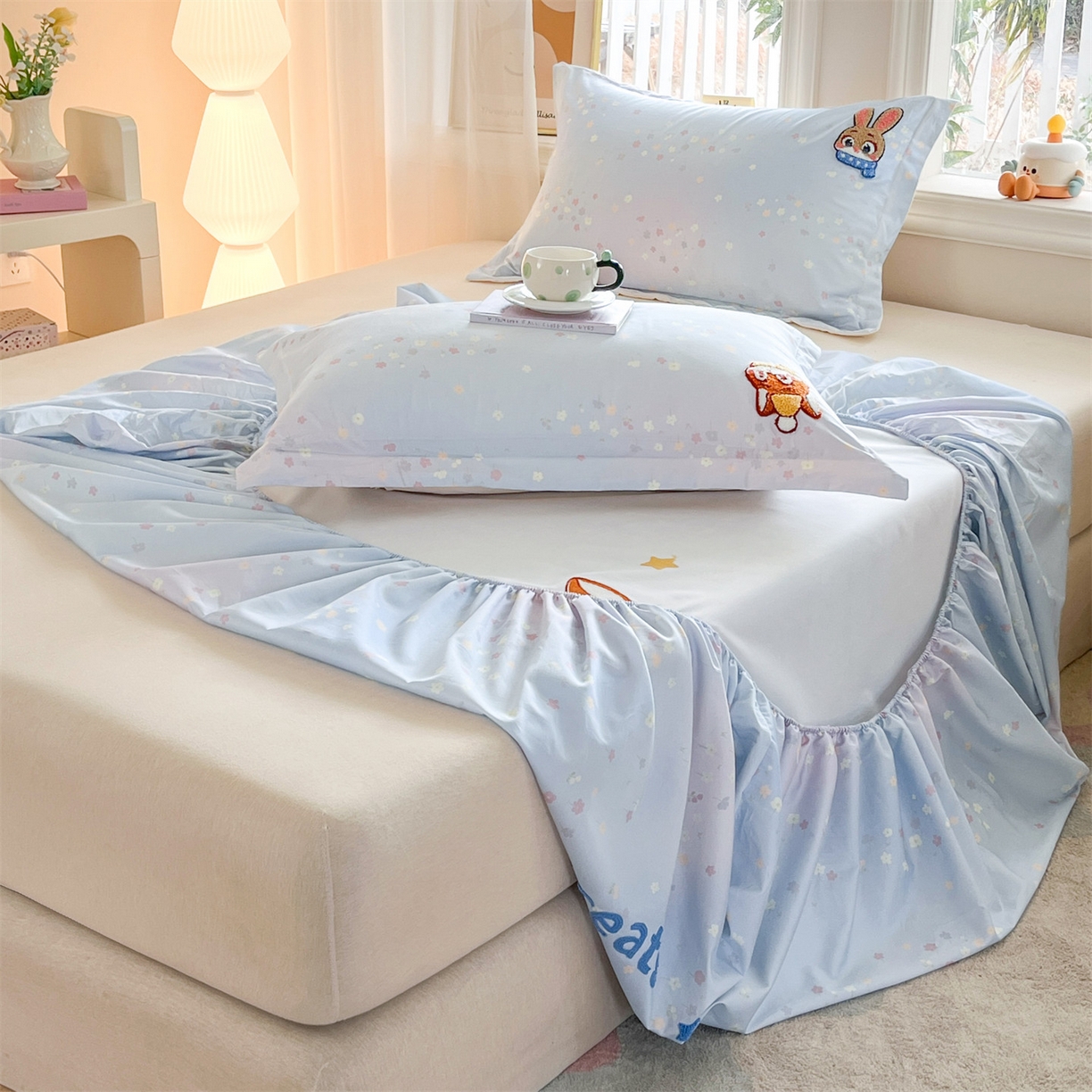 91家纺网 家纺一手货源 找家纺 笙意家纺 2026新款50S全棉纯棉毛巾绣单品床笠床笠单件 星甜狐兔