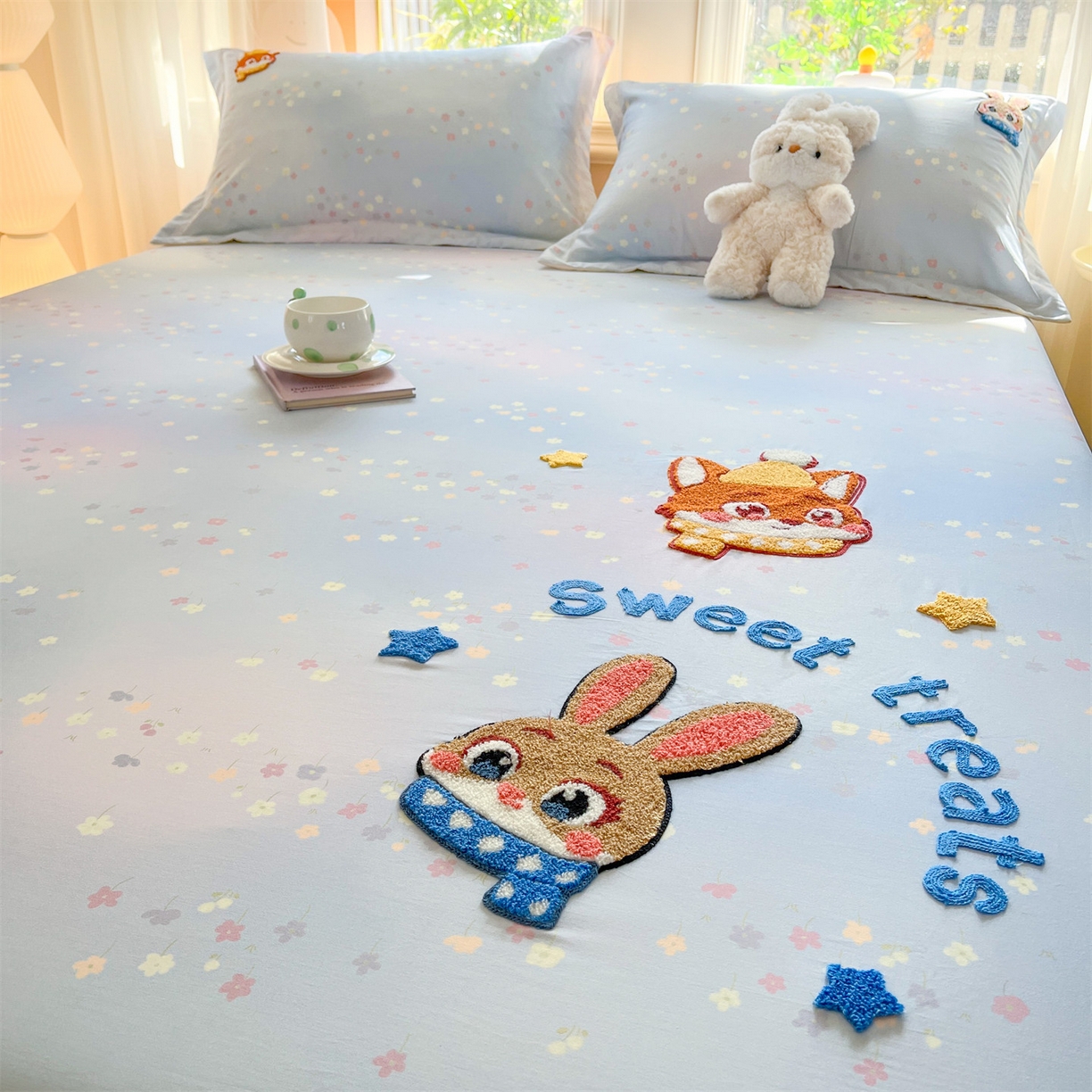 91家纺网 家纺一手货源 找家纺 笙意家纺 2026新款50S全棉纯棉毛巾绣单品床笠床笠单件 星甜狐兔