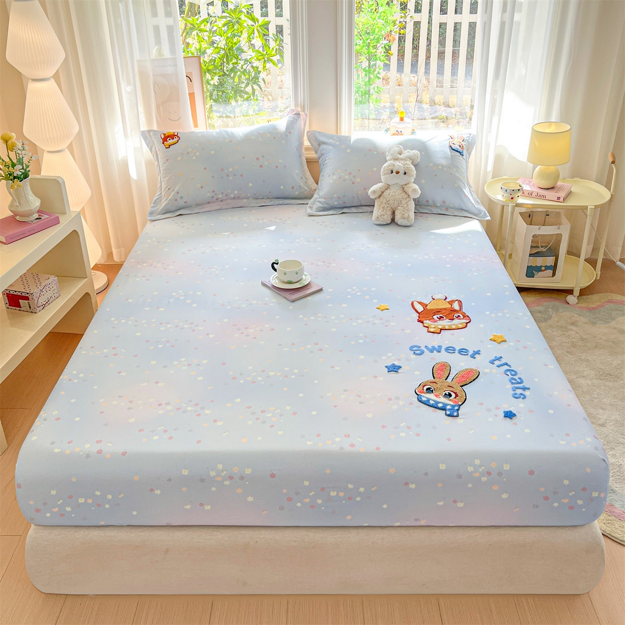 91家纺网 家纺一手货源 找家纺 笙意家纺 2026新款50S全棉纯棉毛巾绣单品床笠床笠单件 星甜狐兔