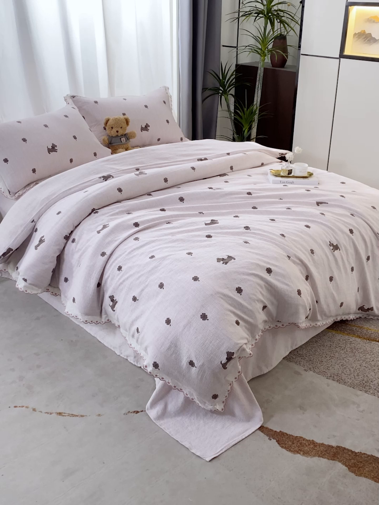 91家纺网 家纺一手货源 找家纺 恋之语 2026新款全棉花边色织水洗棉花边四件套 浅棕奶汪