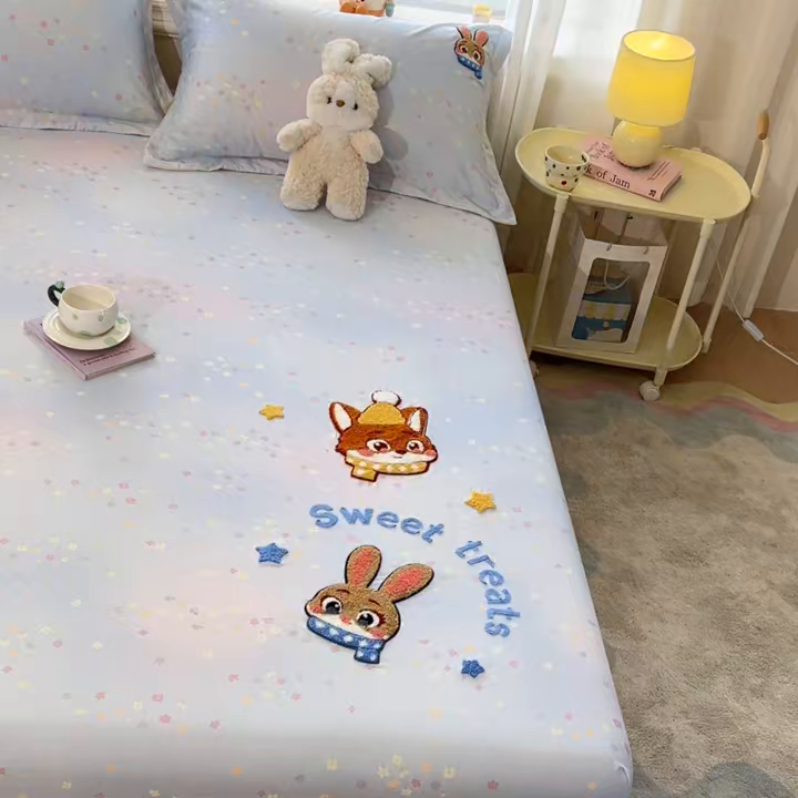 91家纺网 家纺一手货源 找家纺 笙意家纺 2026新款50S全棉纯棉毛巾绣单品床笠床笠单件 星甜狐兔