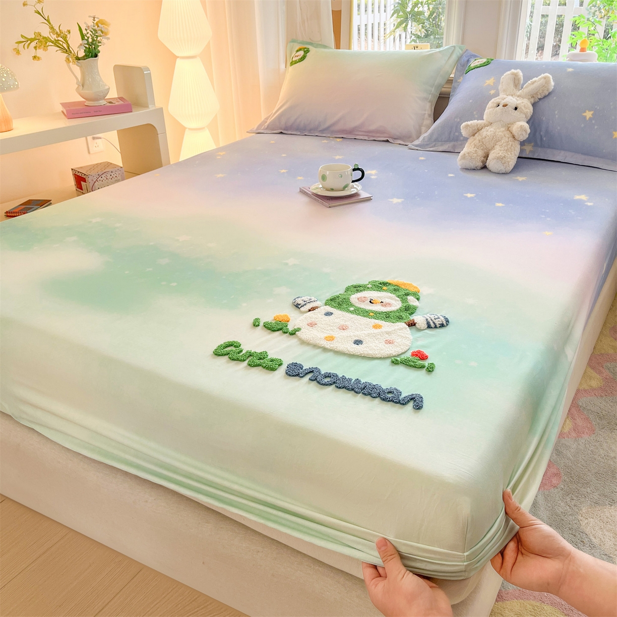 91家纺网 家纺一手货源 找家纺 笙意家纺 2026新款50S全棉纯棉毛巾绣单品床笠床笠单件 星野雪人