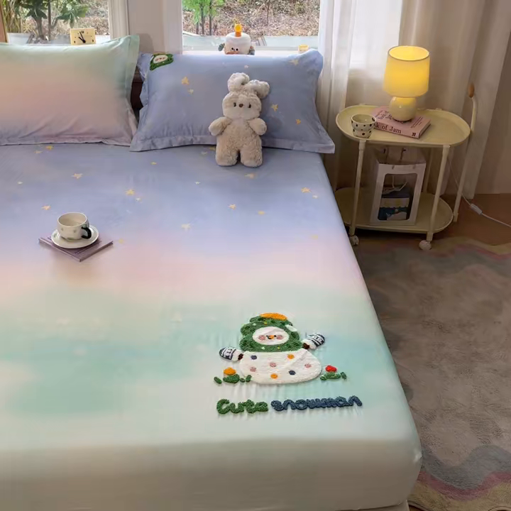 91家纺网 家纺一手货源 找家纺 笙意家纺 2026新款50S全棉纯棉毛巾绣单品床笠床笠单件 星野雪人