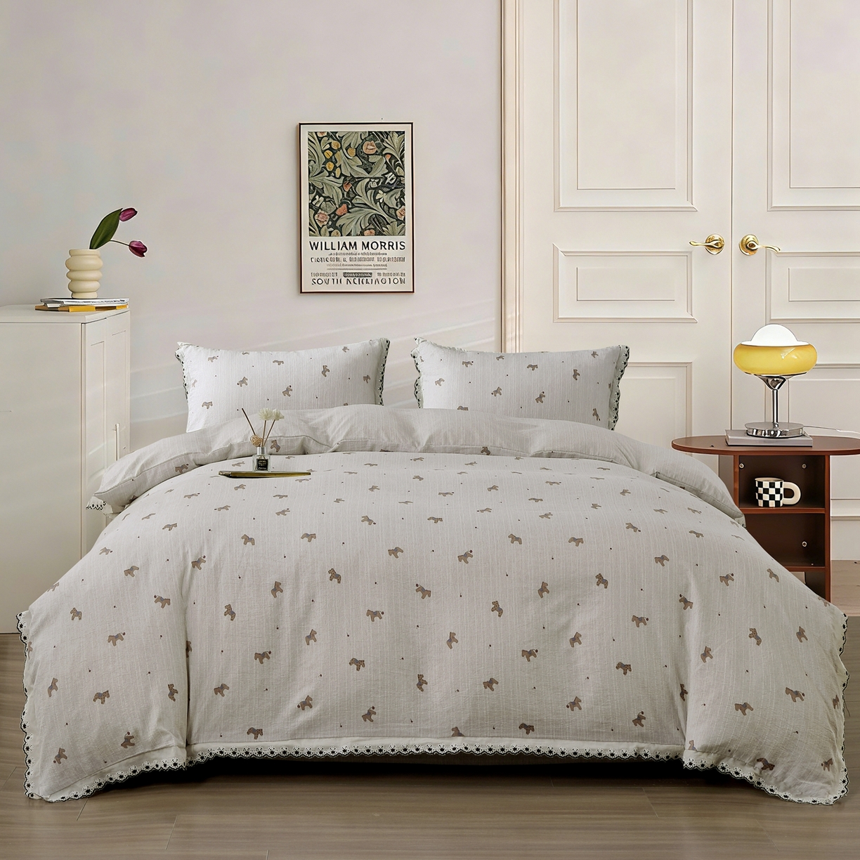 恋之语 2026新款全棉花边色织水洗棉花边四件套 浅棕汪汪