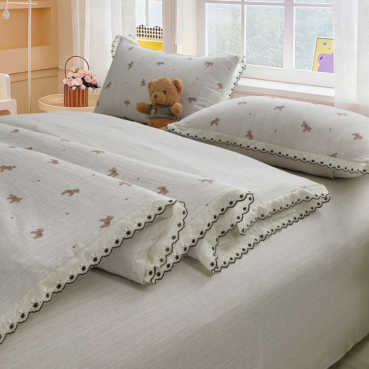 91家纺网 家纺一手货源 找家纺 恋之语 2026新款全棉花边色织水洗棉花边四件套 浅棕汪汪