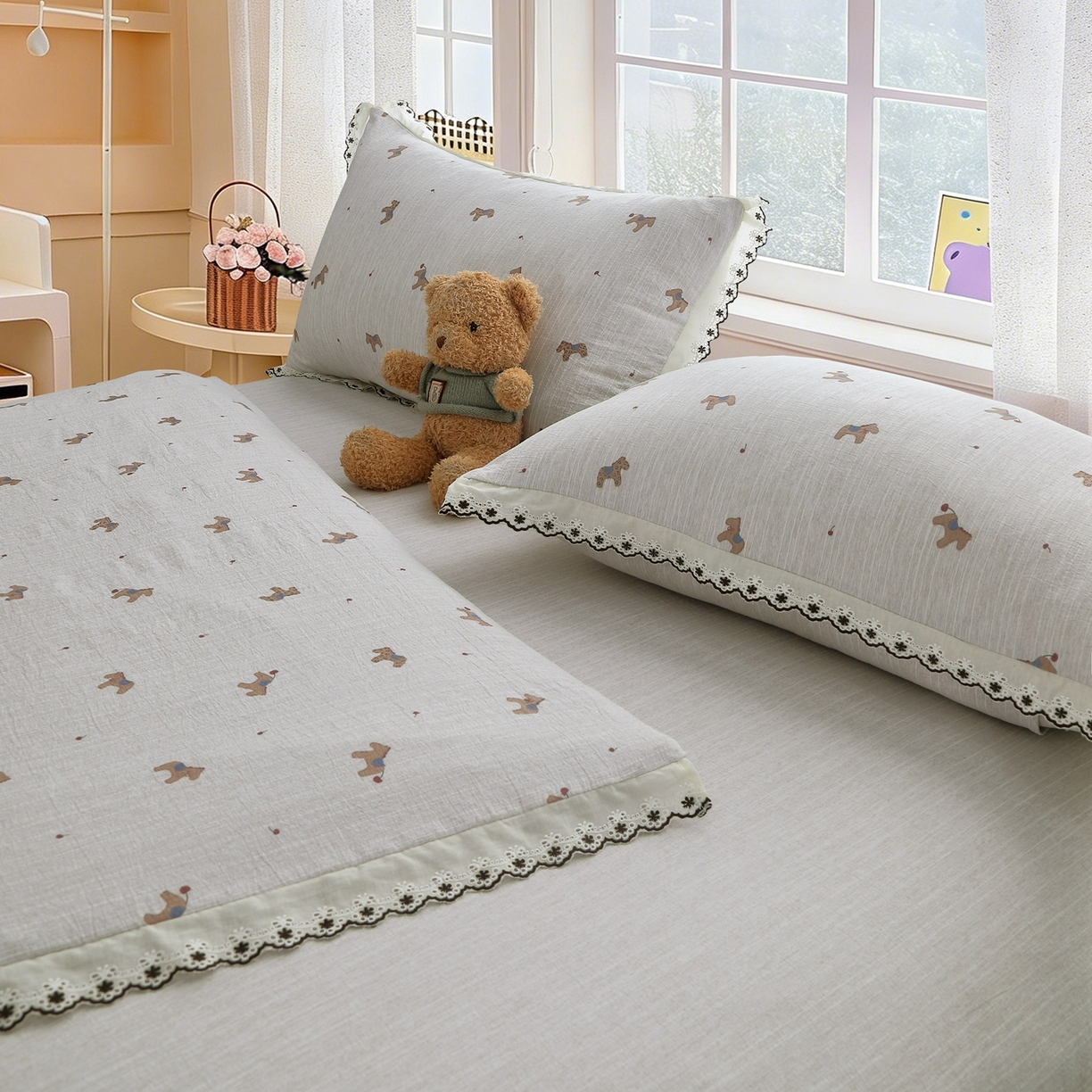 91家纺网 家纺一手货源 找家纺 恋之语 2026新款全棉花边色织水洗棉花边四件套 浅棕汪汪