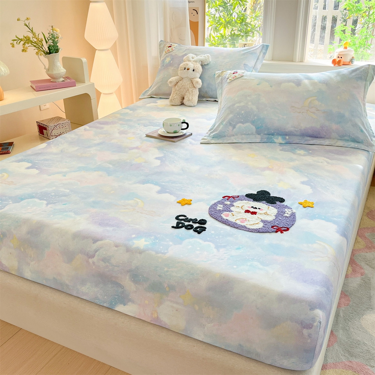 91家纺网 家纺一手货源 找家纺 笙意家纺 2026新款50S全棉纯棉毛巾绣单品床笠床笠单件 星云萌犬