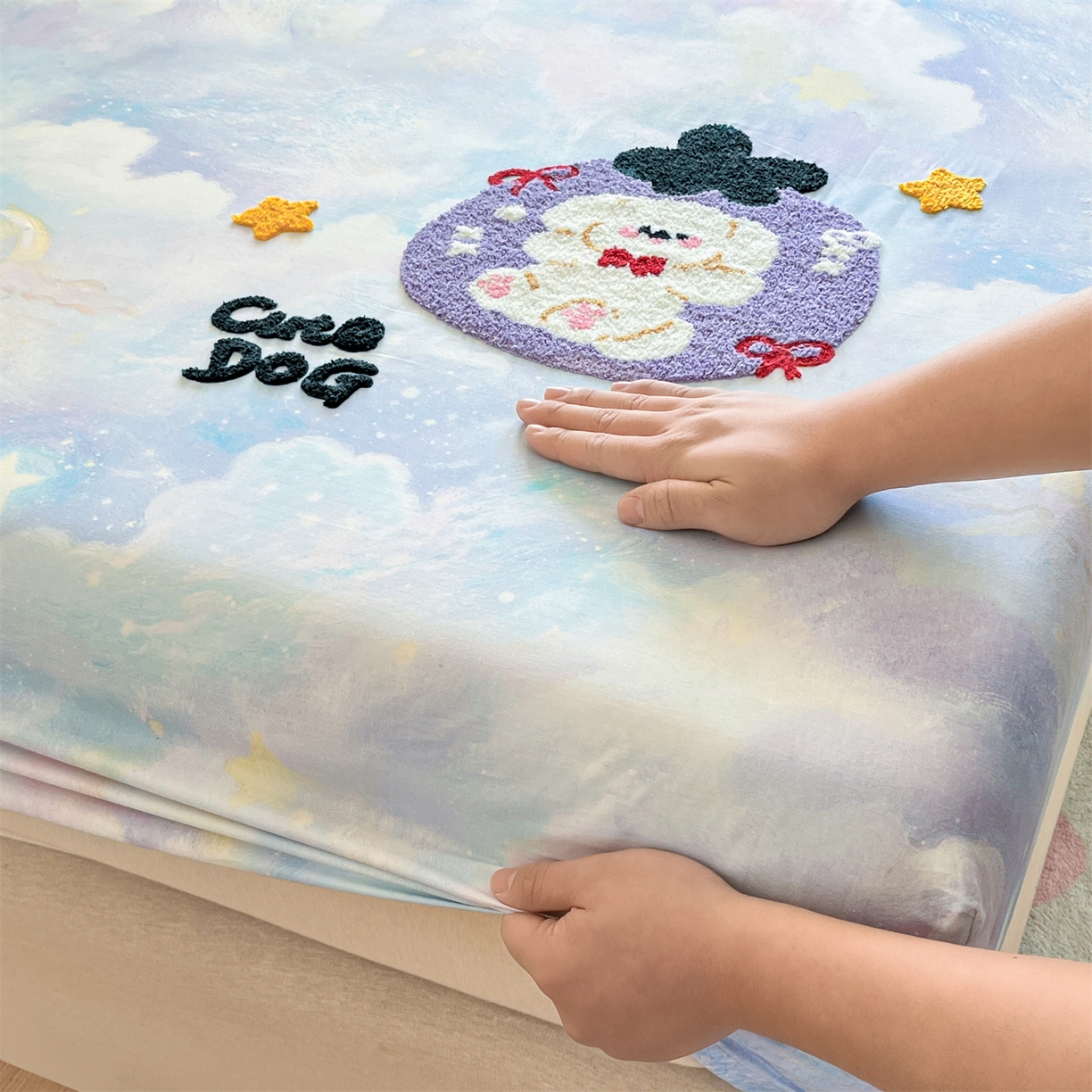 91家纺网 家纺一手货源 找家纺 笙意家纺 2026新款50S全棉纯棉毛巾绣单品床笠床笠单件 星云萌犬