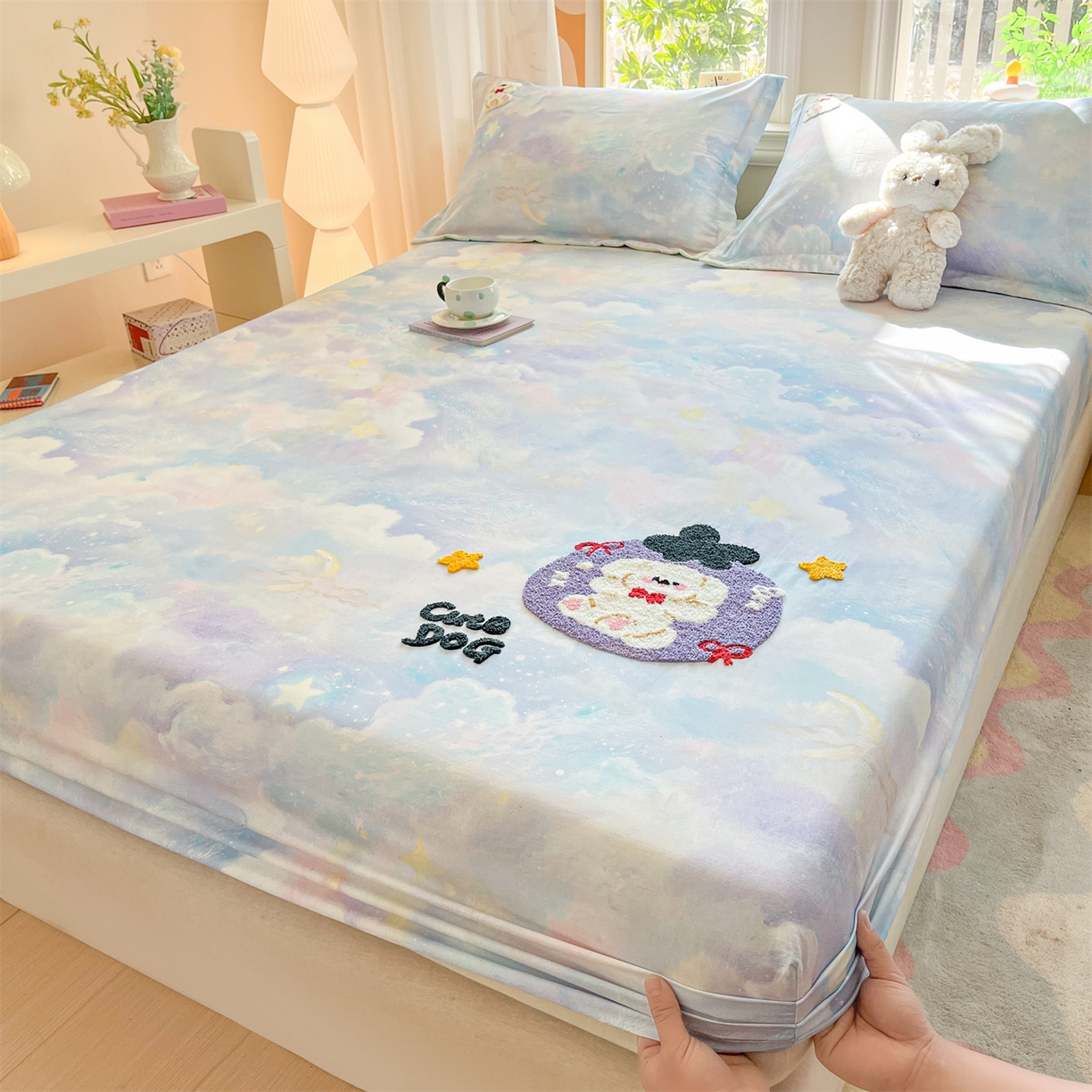 91家纺网 家纺一手货源 找家纺 笙意家纺 2026新款50S全棉纯棉毛巾绣单品床笠床笠单件 星云萌犬