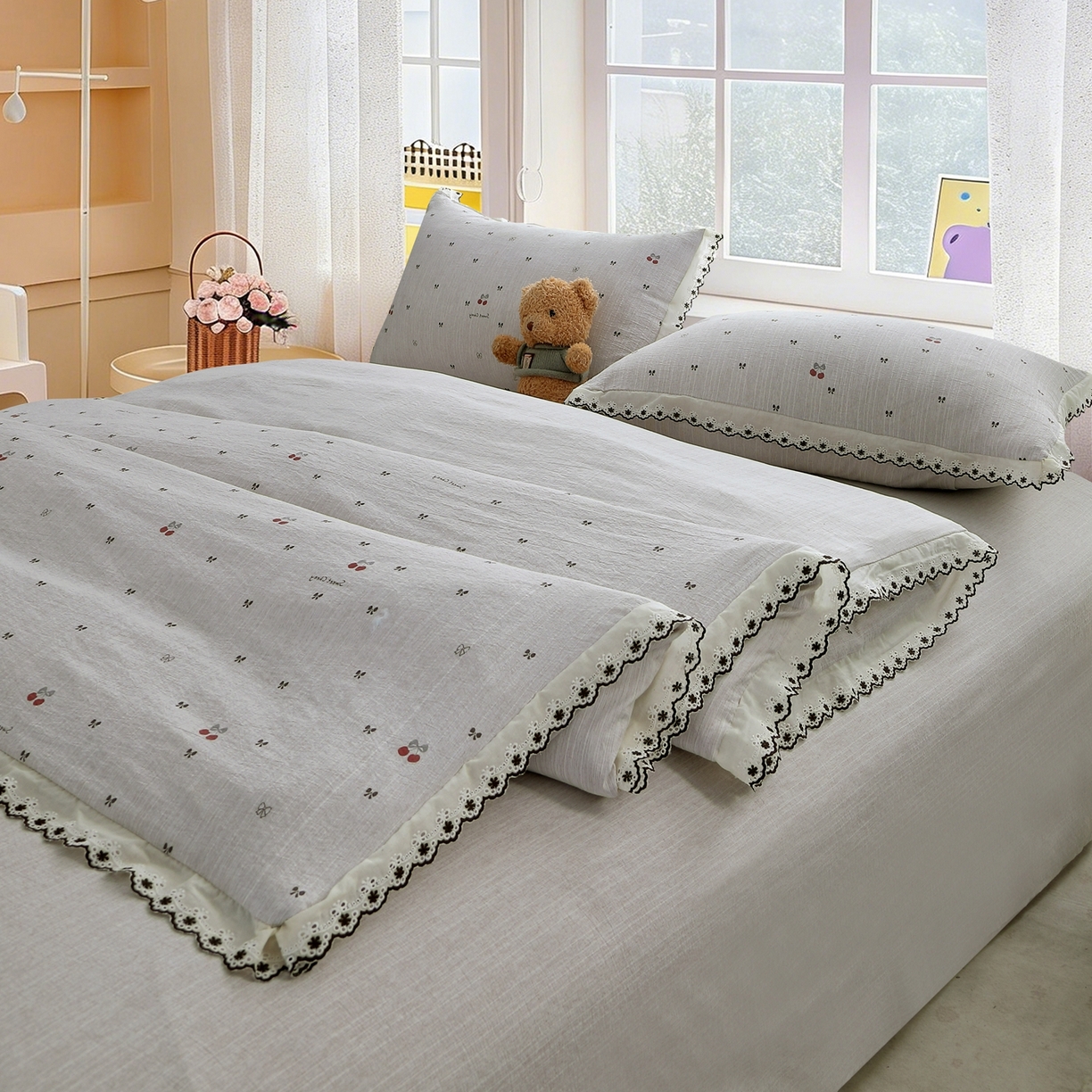 91家纺网 家纺一手货源 找家纺 恋之语 2026新款全棉花边色织水洗棉花边四件套 樱桃