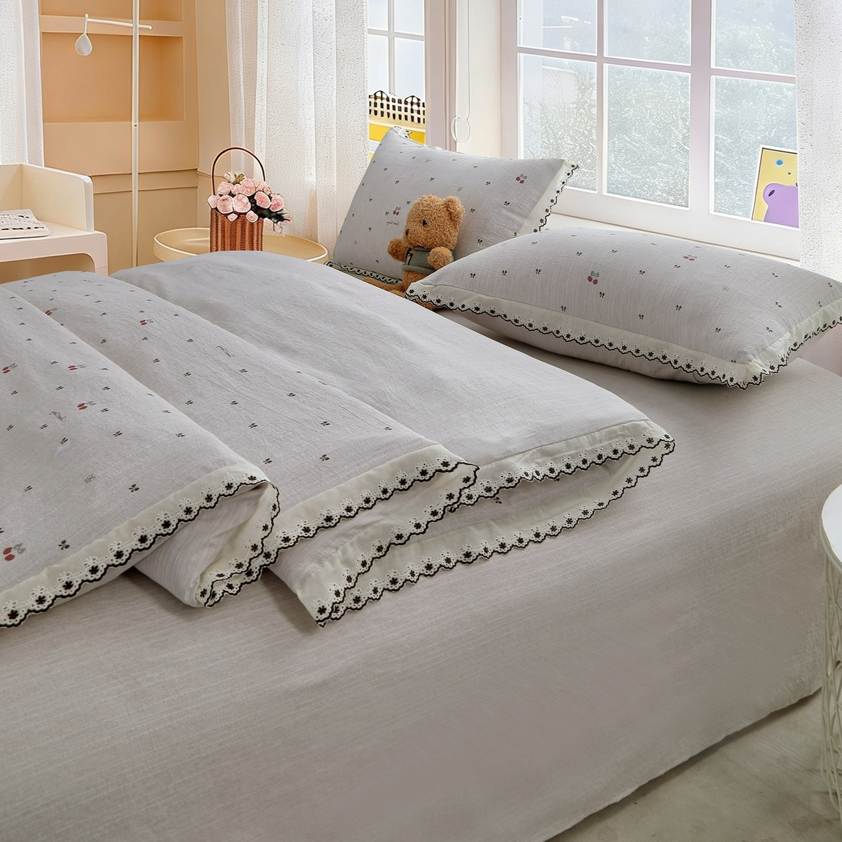 91家纺网 家纺一手货源 找家纺 恋之语 2026新款全棉花边色织水洗棉花边四件套 樱桃