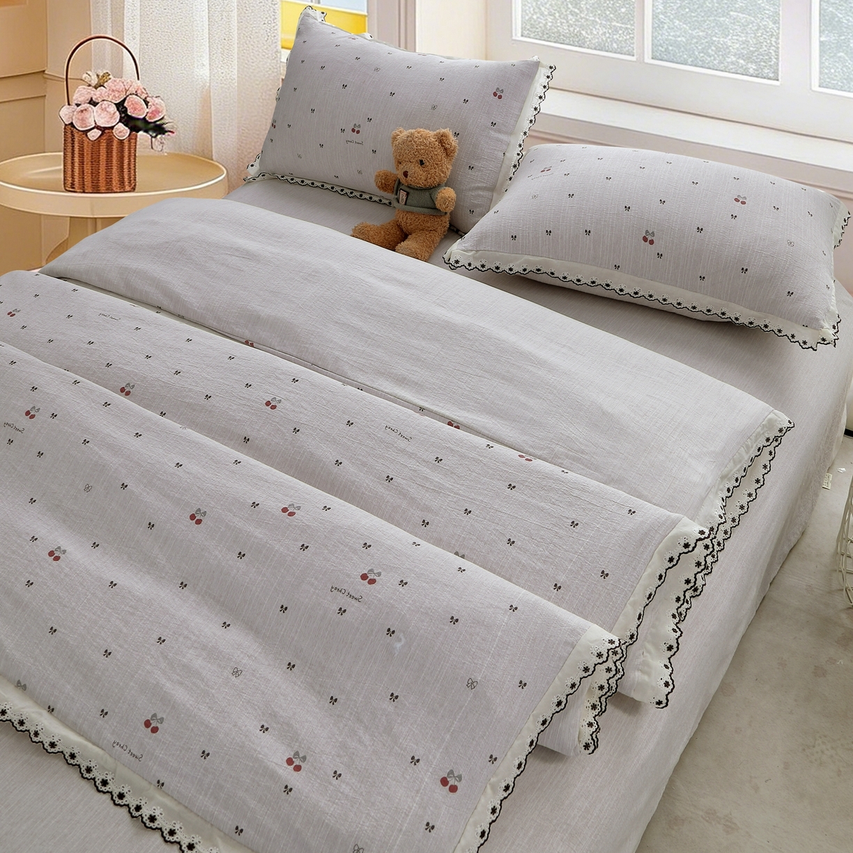 91家纺网 家纺一手货源 找家纺 恋之语 2026新款全棉花边色织水洗棉花边四件套 樱桃