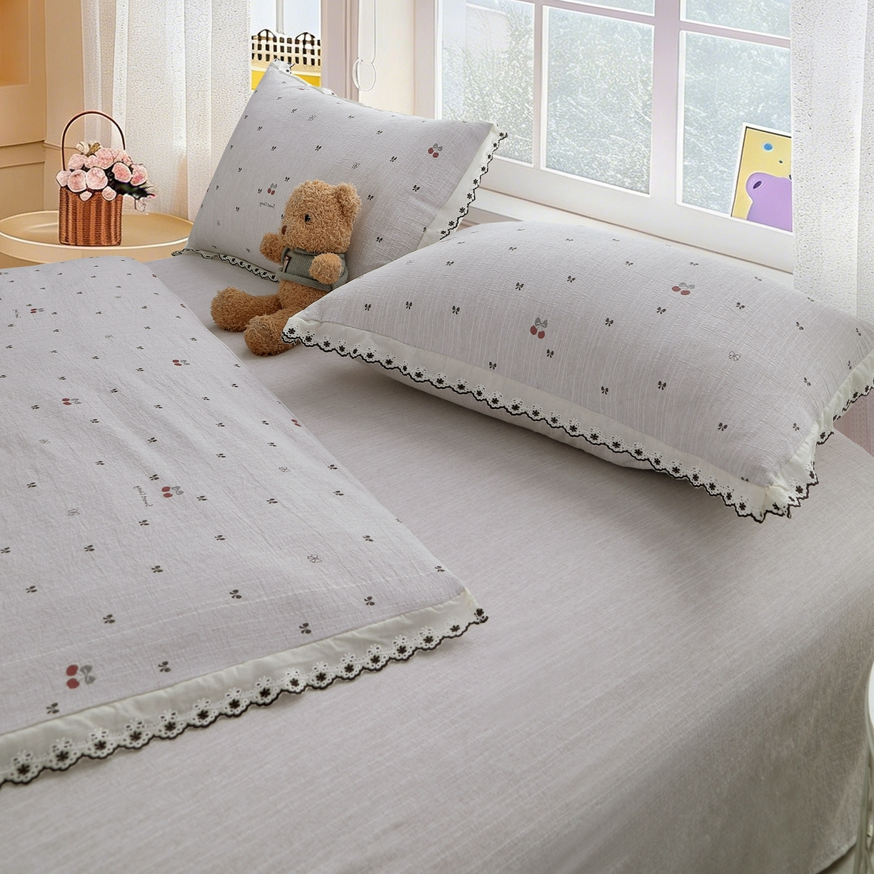 91家纺网 家纺一手货源 找家纺 恋之语 2026新款全棉花边色织水洗棉花边四件套 樱桃