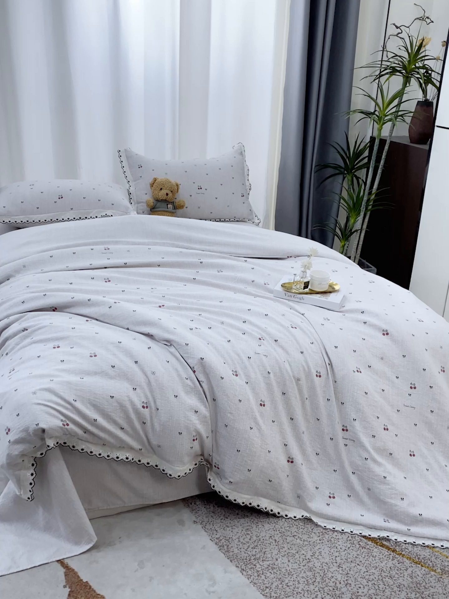 91家纺网 家纺一手货源 找家纺 恋之语 2026新款全棉花边色织水洗棉花边四件套 樱桃