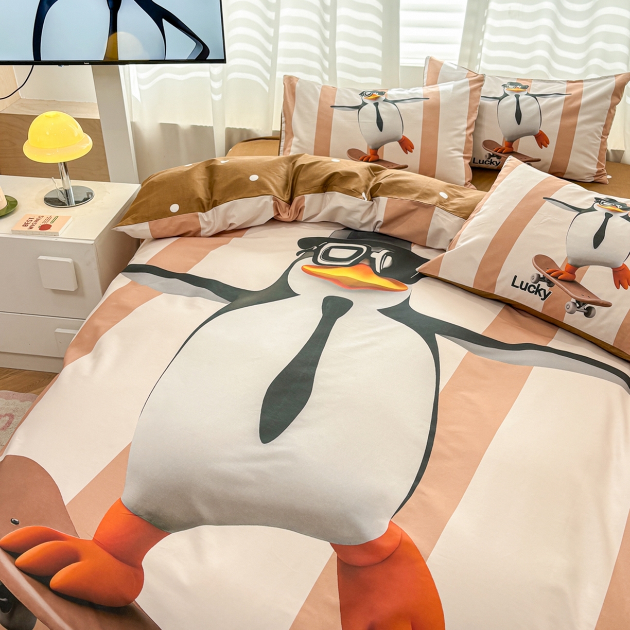 91家纺网 家纺一手货源 找家纺 （总）孩子王家纺 2026新款卡通亲肤活性大版全纯棉专版企鹅系列四件套