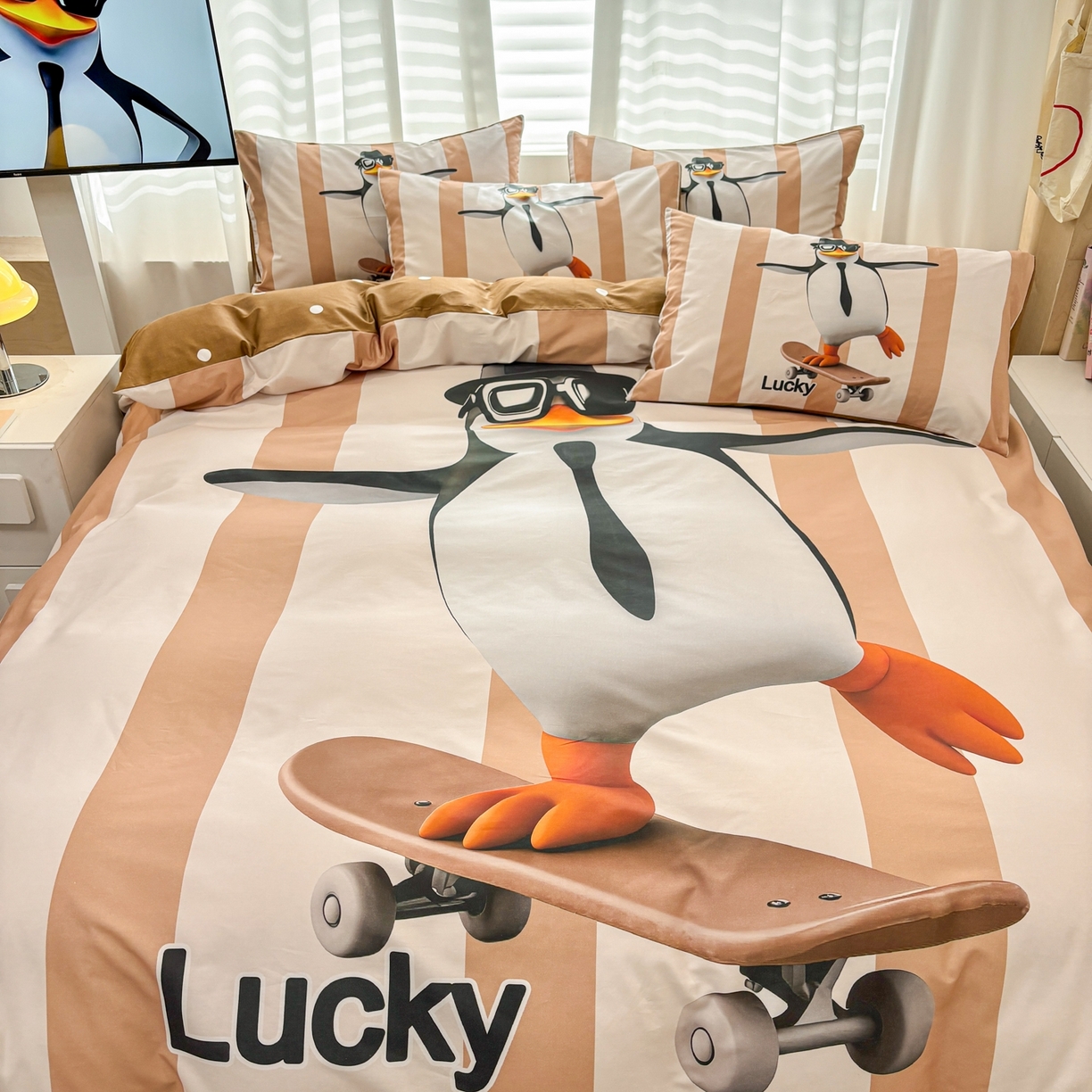 91家纺网 家纺一手货源 找家纺 （总）孩子王家纺 2026新款卡通亲肤活性大版全纯棉专版企鹅系列四件套