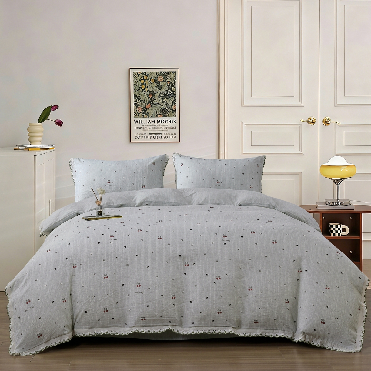 恋之语 2026新款全棉花边色织水洗棉花边四件套 樱桃-蓝