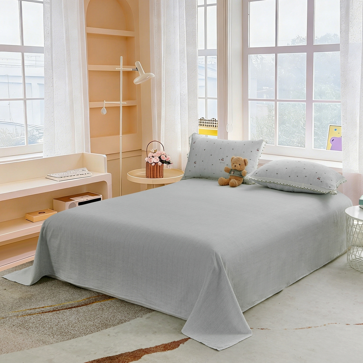 91家纺网 家纺一手货源 找家纺 恋之语 2026新款全棉花边色织水洗棉花边四件套 樱桃-蓝