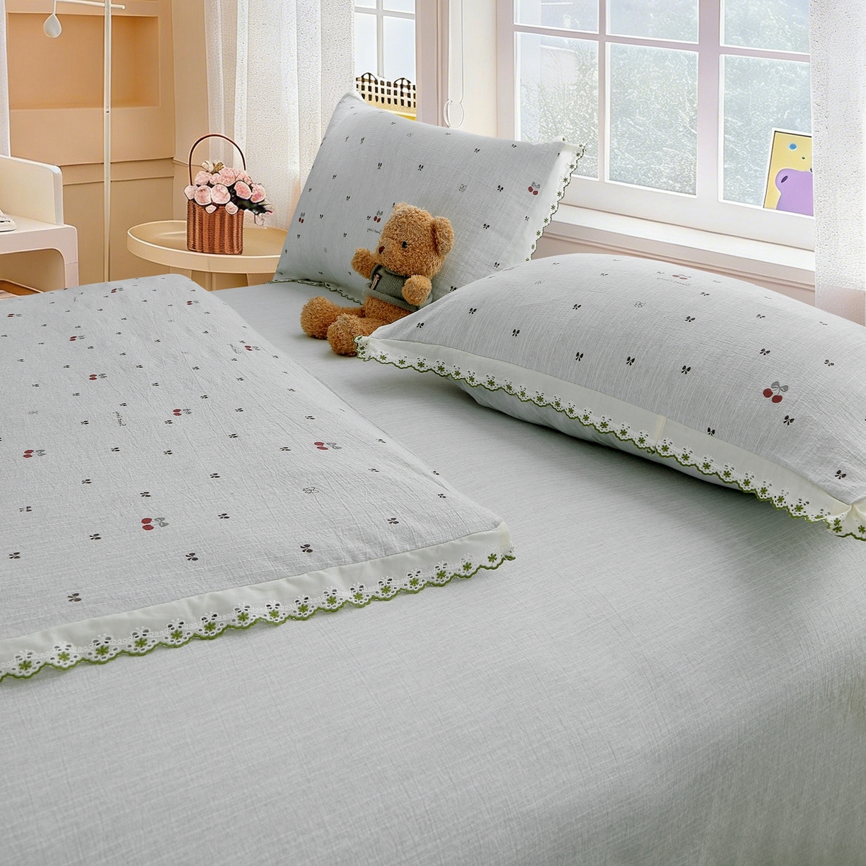 91家纺网 家纺一手货源 找家纺 恋之语 2026新款全棉花边色织水洗棉花边四件套 樱桃-蓝