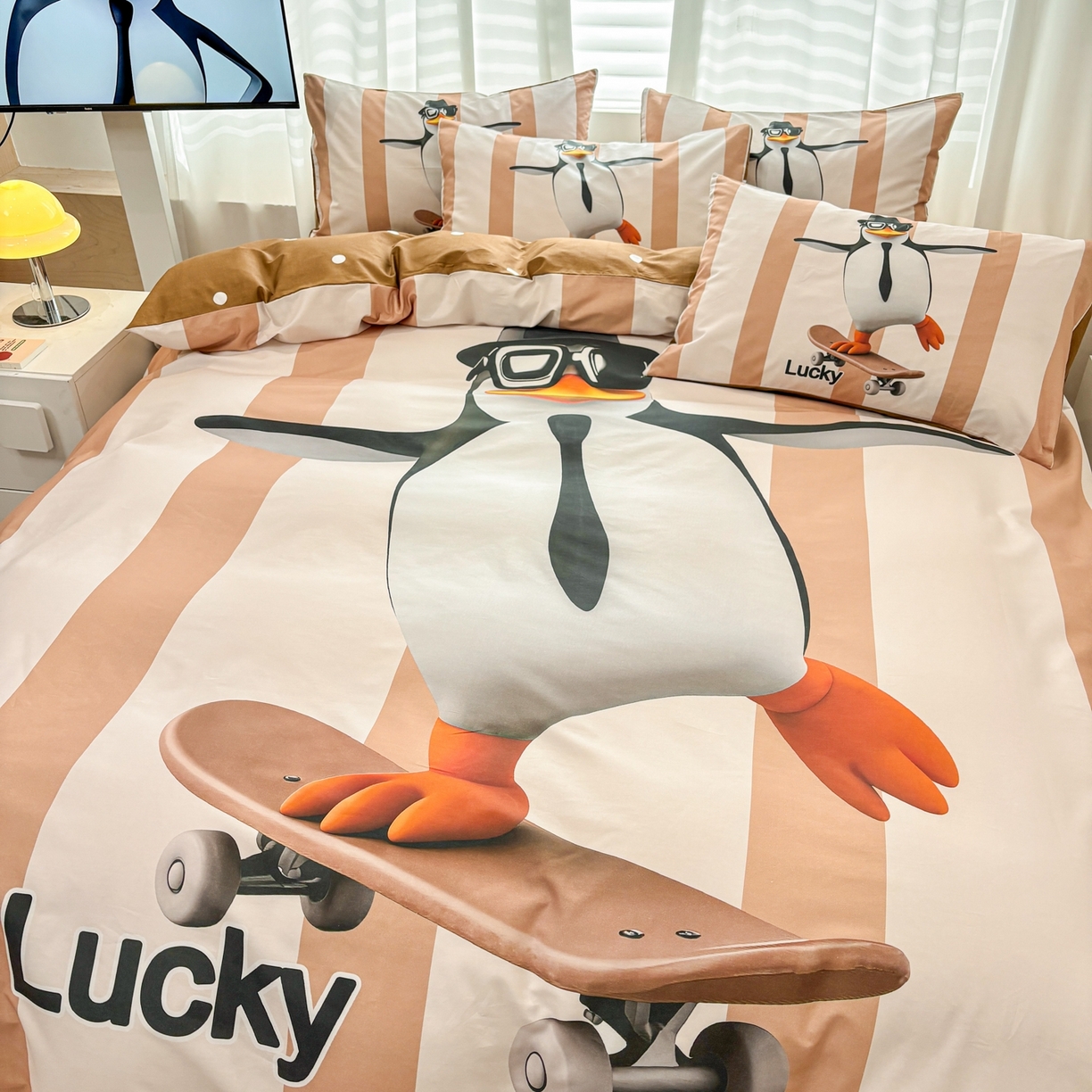 91家纺网 家纺一手货源 找家纺 孩子王家纺 2026新款卡通亲肤活性大版全纯棉专版企鹅系列四件套 滑板企鹅-咖