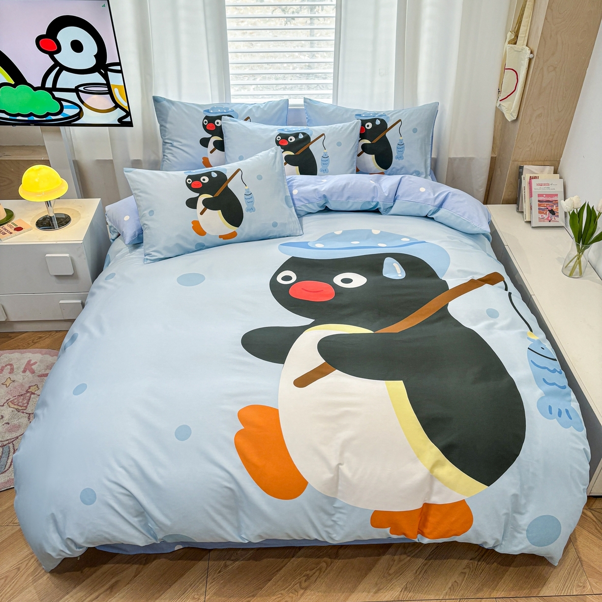 91家纺网 家纺一手货源 找家纺 （总）孩子王家纺 2026新款卡通亲肤活性大版全纯棉专版企鹅系列四件套