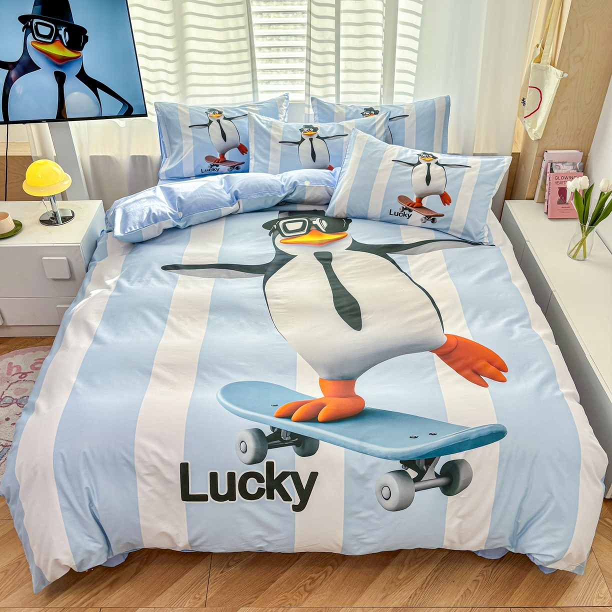 91家纺网 家纺一手货源 找家纺 （总）孩子王家纺 2026新款卡通亲肤活性大版全纯棉专版企鹅系列四件套