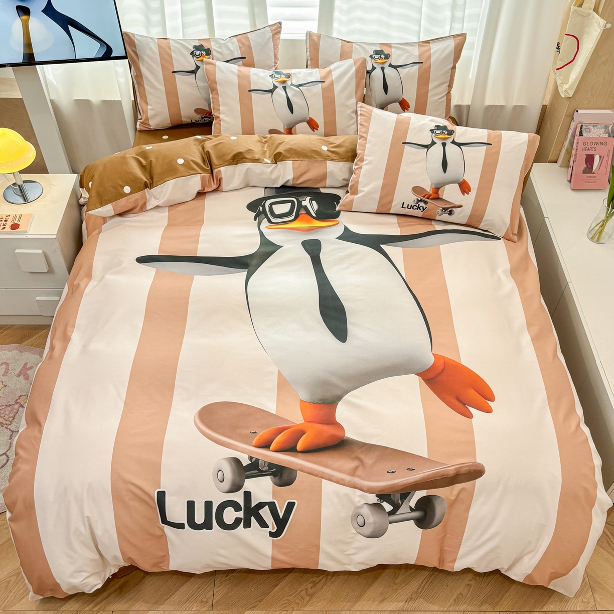 91家纺网 家纺一手货源 找家纺 孩子王家纺 2026新款卡通亲肤活性大版全纯棉专版企鹅系列四件套 滑板企鹅-咖