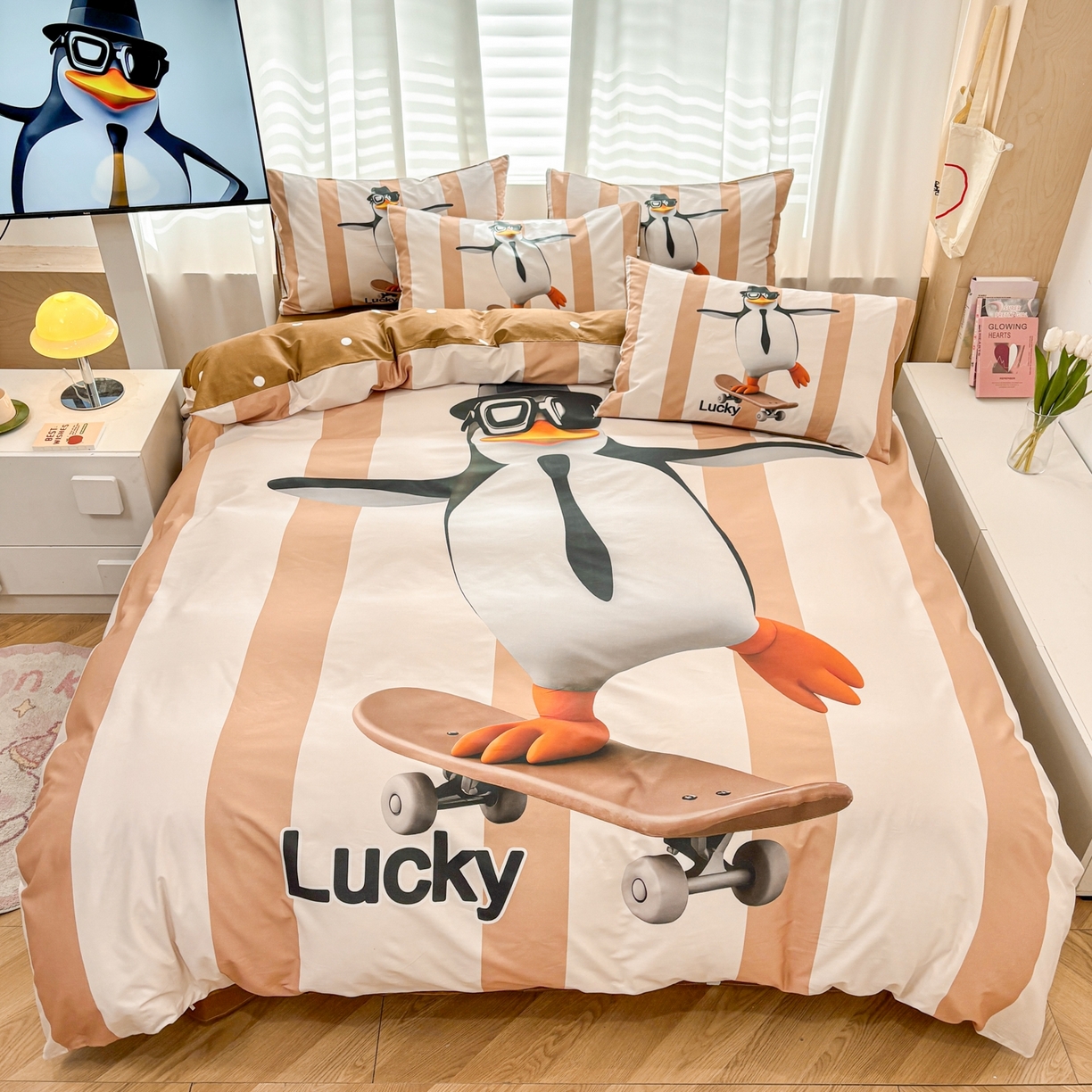 孩子王家纺 2026新款卡通亲肤活性大版全纯棉专版企鹅系列四件套 滑板企鹅-咖