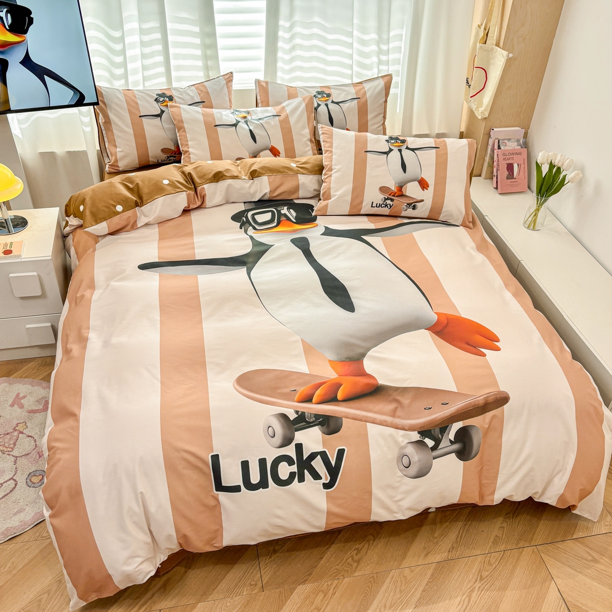 91家纺网 家纺一手货源 找家纺 孩子王家纺 2026新款卡通亲肤活性大版全纯棉专版企鹅系列四件套 滑板企鹅-咖