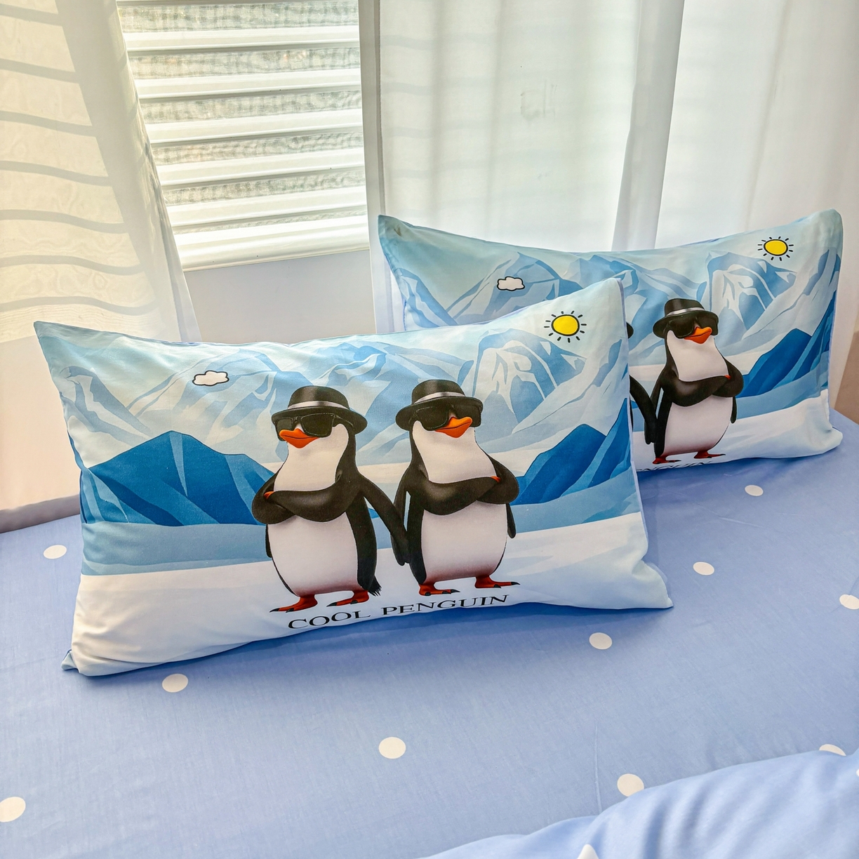 91家纺网 家纺一手货源 找家纺 孩子王家纺 2026新款卡通亲肤活性大版全纯棉专版企鹅系列四件套 冰川企鹅