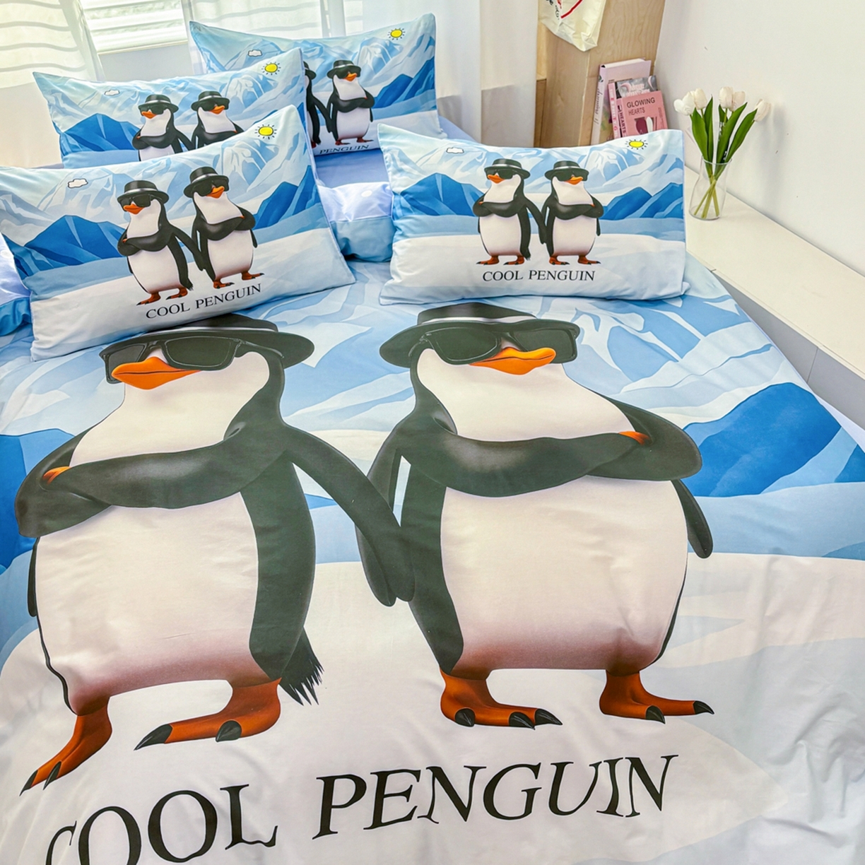 91家纺网 家纺一手货源 找家纺 孩子王家纺 2026新款卡通亲肤活性大版全纯棉专版企鹅系列四件套 冰川企鹅