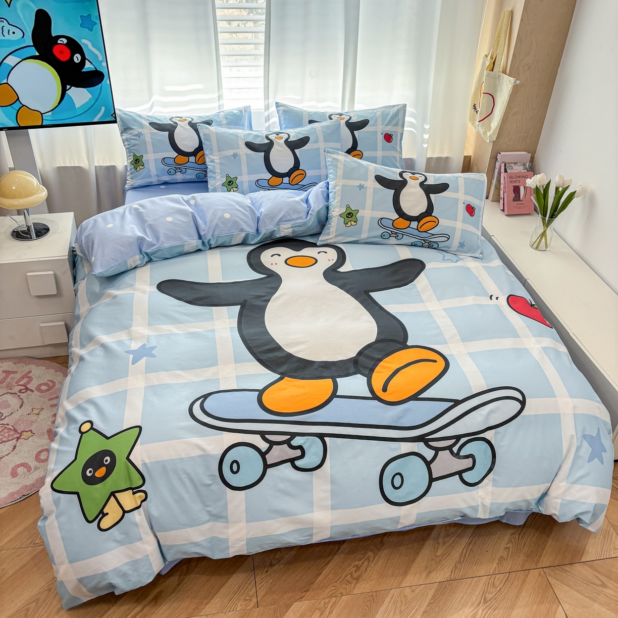 91家纺网 家纺一手货源 找家纺 孩子王家纺 2026新款卡通亲肤活性大版全纯棉专版企鹅系列四件套 元气企鹅