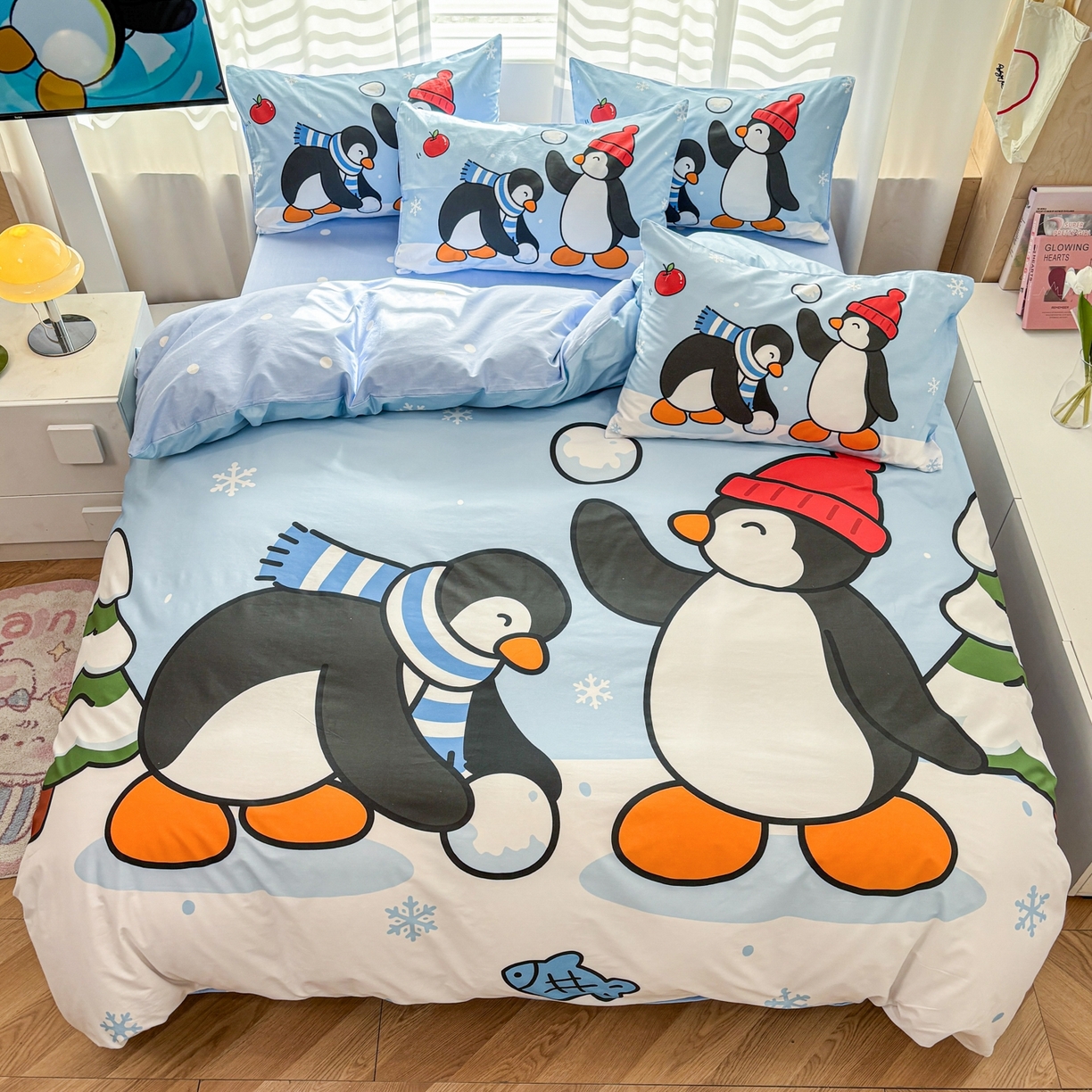 91家纺网 家纺一手货源 找家纺 （总）孩子王家纺 2026新款卡通亲肤活性大版全纯棉专版企鹅系列四件套