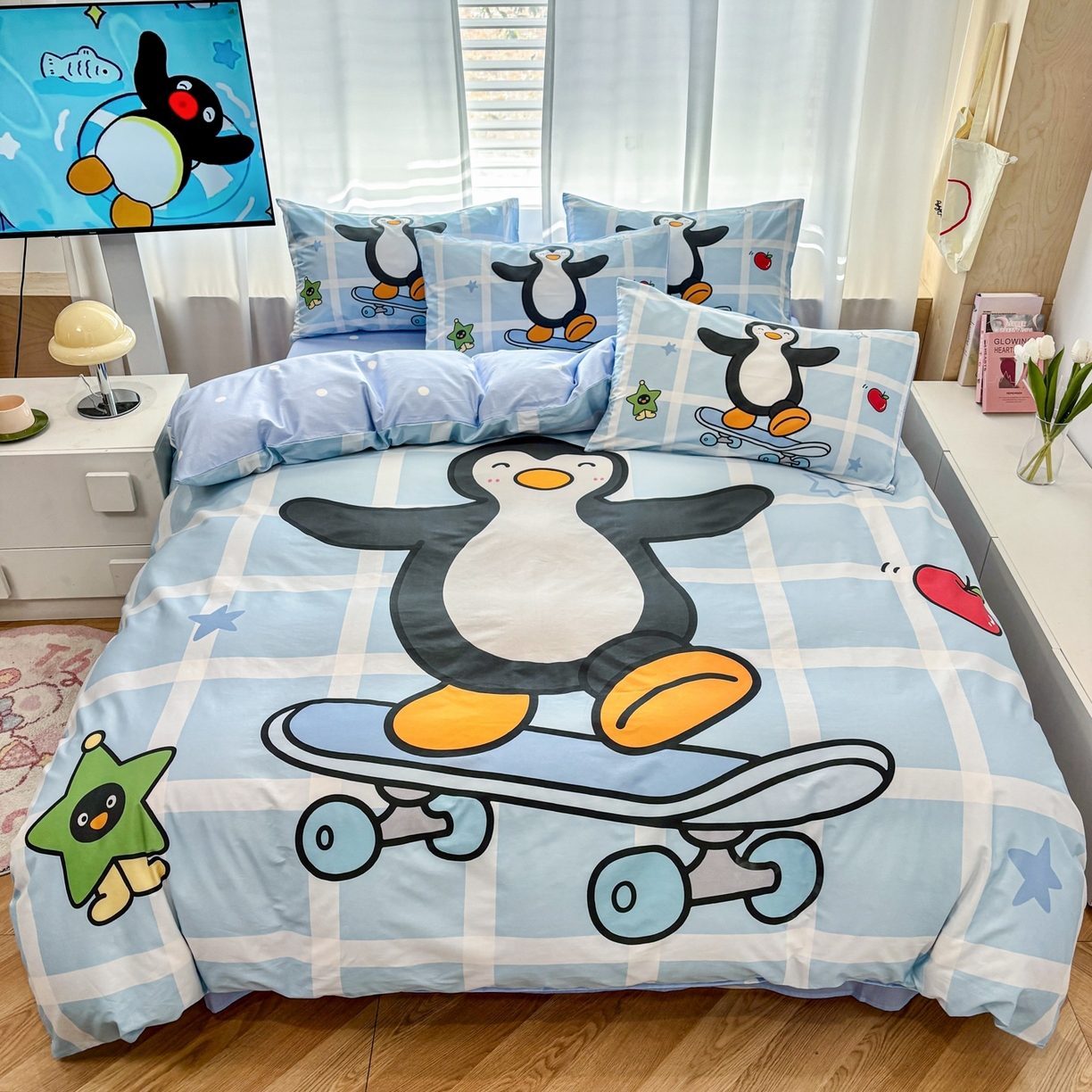 91家纺网 家纺一手货源 找家纺 孩子王家纺 2026新款卡通亲肤活性大版全纯棉专版企鹅系列四件套 元气企鹅