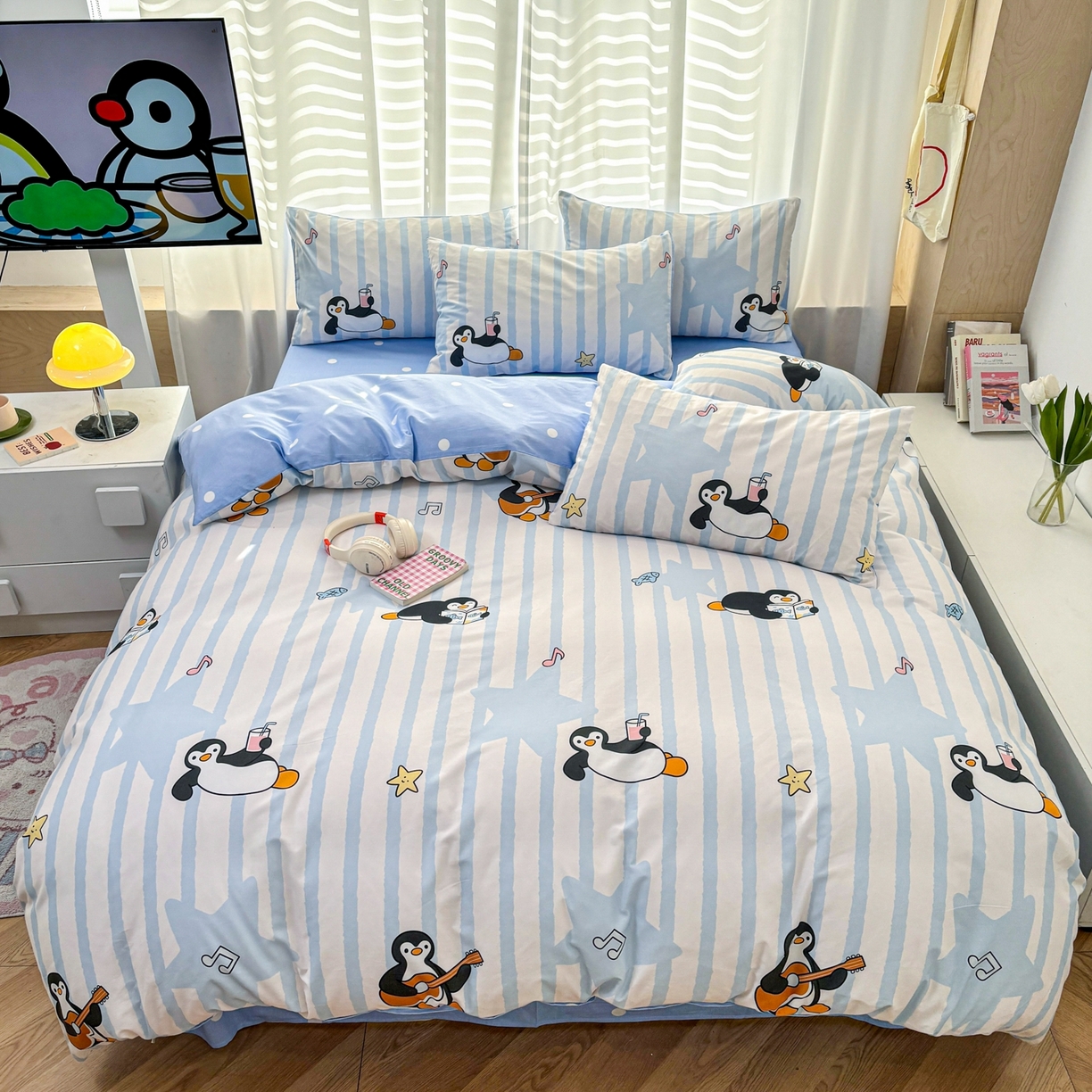 孩子王家纺 2026新款卡通亲肤活性大版全纯棉专版企鹅系列四件套 条纹企鹅