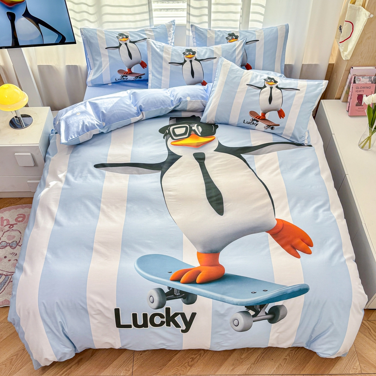 91家纺网 家纺一手货源 找家纺 孩子王家纺 2026新款卡通亲肤活性大版全纯棉专版企鹅系列四件套 滑板企鹅-蓝