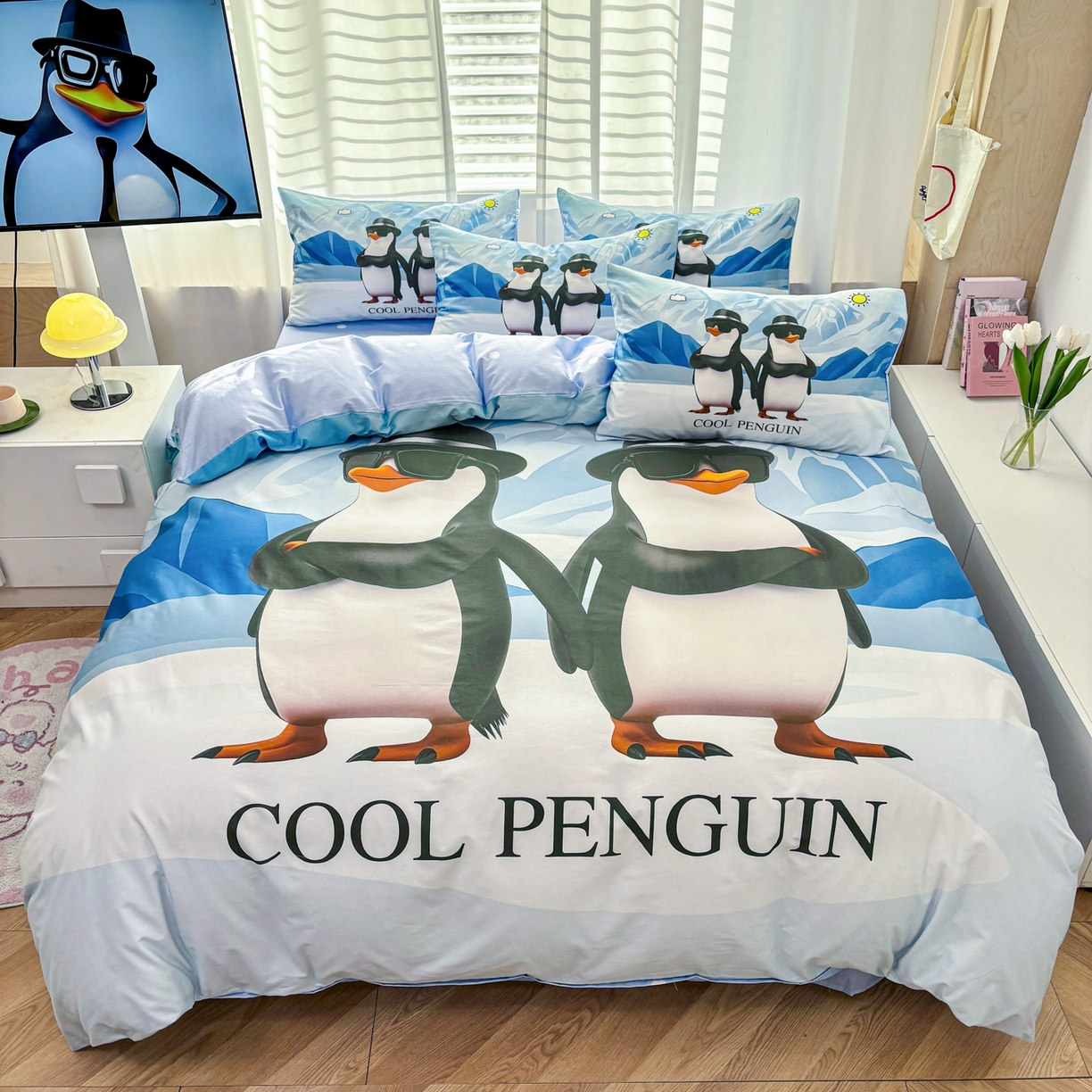 孩子王家纺 2026新款卡通亲肤活性大版全纯棉专版企鹅系列四件套 冰川企鹅