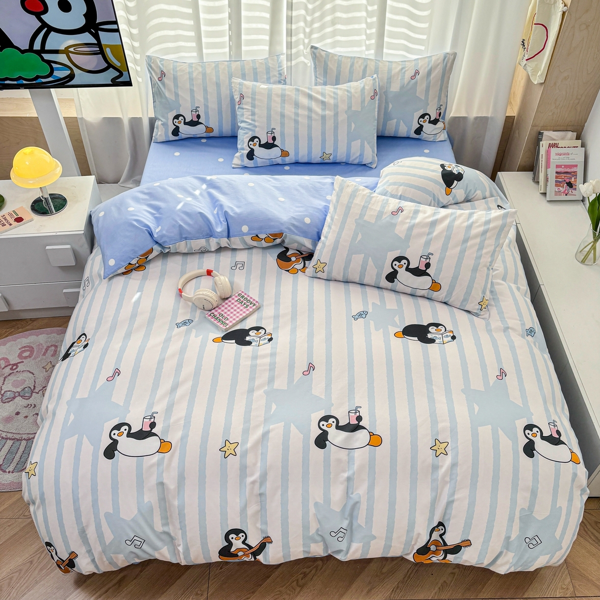 91家纺网 家纺一手货源 找家纺 孩子王家纺 2026新款卡通亲肤活性大版全纯棉专版企鹅系列四件套 条纹企鹅