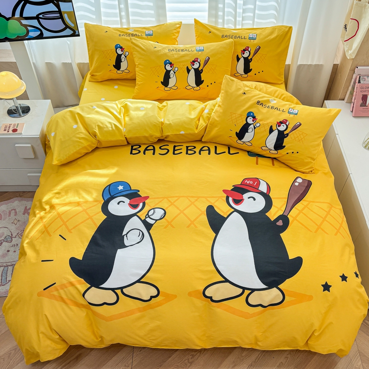孩子王家纺 2026新款卡通亲肤活性大版全纯棉专版企鹅系列四件套 棒球乐园