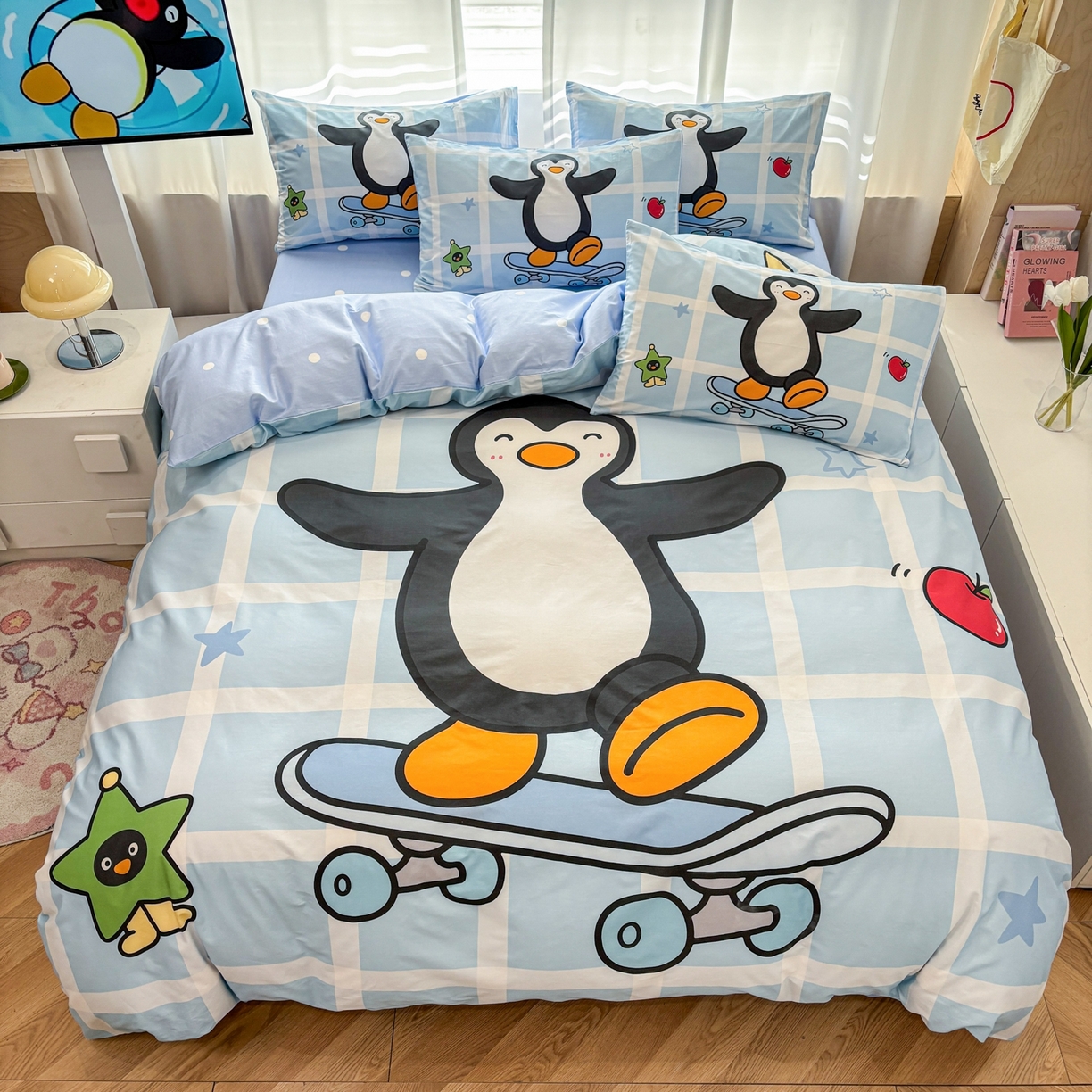 91家纺网 家纺一手货源 找家纺 孩子王家纺 2026新款卡通亲肤活性大版全纯棉专版企鹅系列四件套 元气企鹅