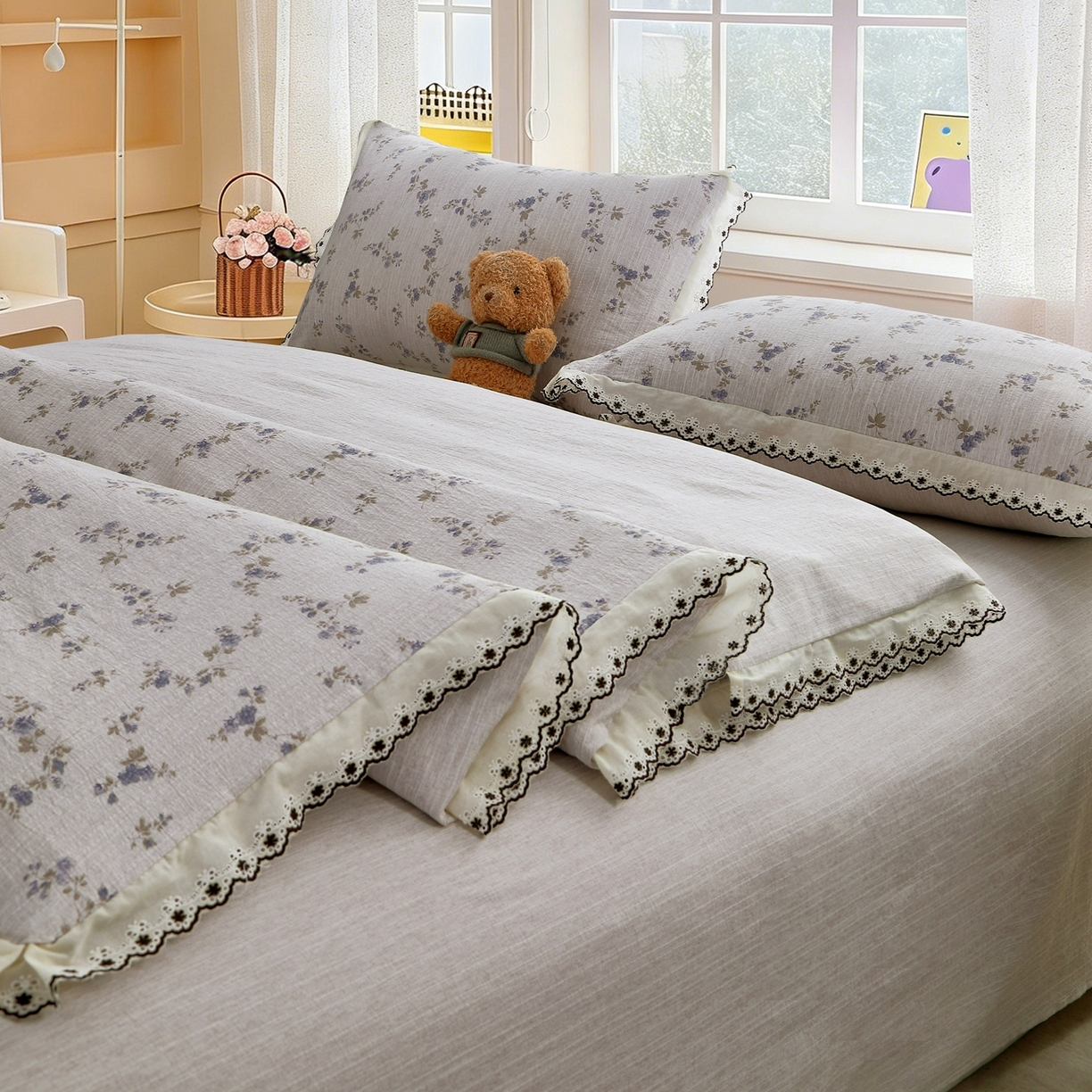 91家纺网 家纺一手货源 找家纺 恋之语 2026新款全棉花边色织水洗棉花边四件套 紫雾星花