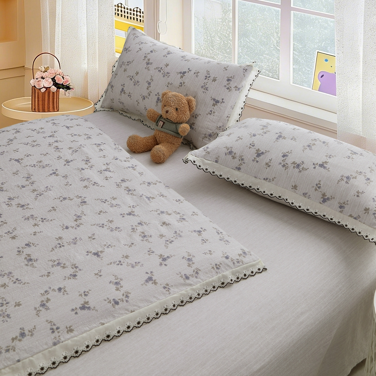 91家纺网 家纺一手货源 找家纺 恋之语 2026新款全棉花边色织水洗棉花边四件套 紫雾星花