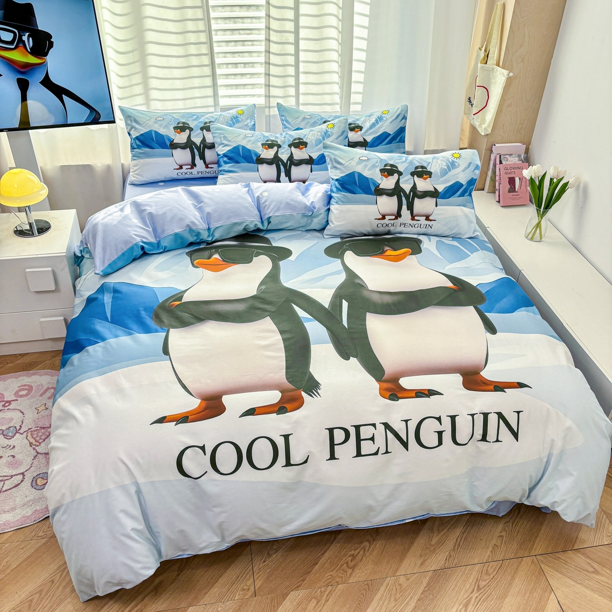 91家纺网 家纺一手货源 找家纺 孩子王家纺 2026新款卡通亲肤活性大版全纯棉专版企鹅系列四件套 冰川企鹅