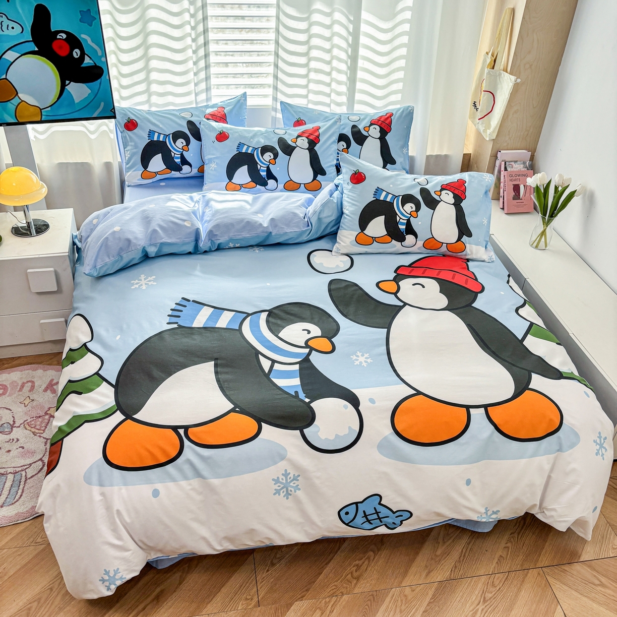 91家纺网 家纺一手货源 找家纺 孩子王家纺 2026新款卡通亲肤活性大版全纯棉专版企鹅系列四件套 冬日企鹅