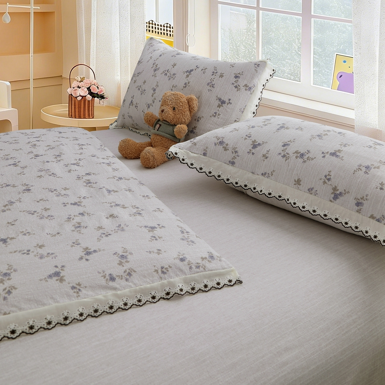 91家纺网 家纺一手货源 找家纺 恋之语 2026新款全棉花边色织水洗棉花边四件套 紫雾星花