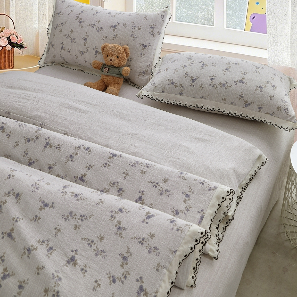 91家纺网 家纺一手货源 找家纺 恋之语 2026新款全棉花边色织水洗棉花边四件套 紫雾星花